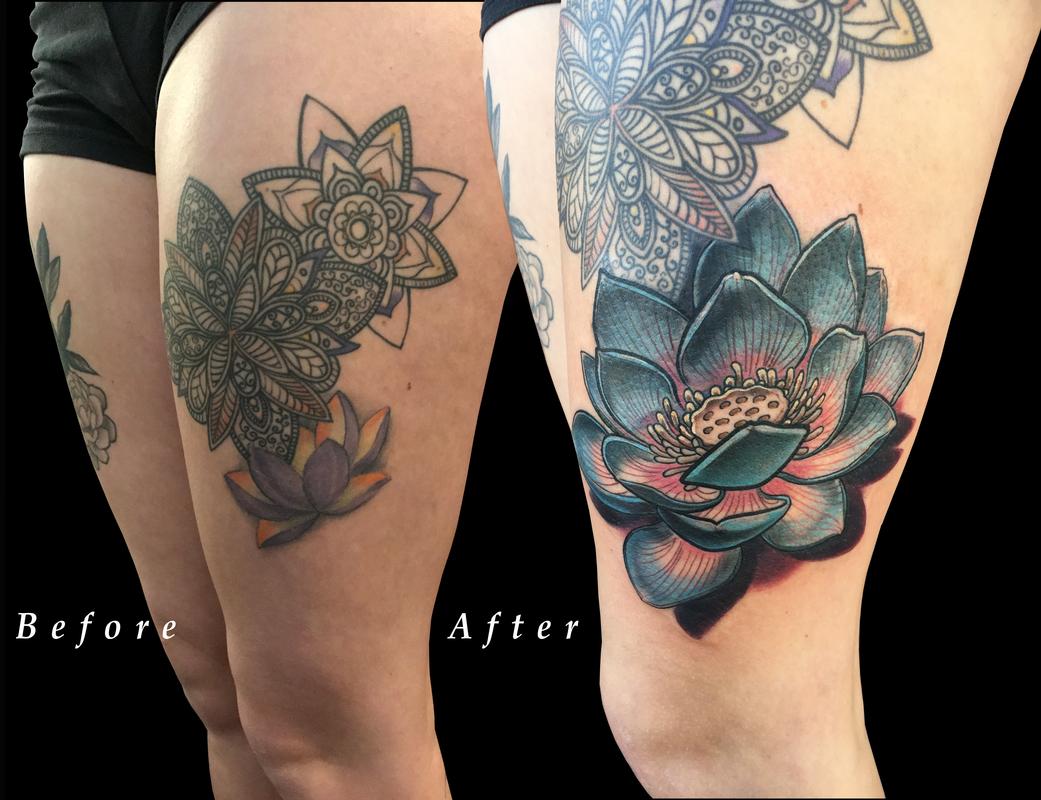 Lotus Flower Thigh Color Coverup by Nicole Laabs TattooNOW